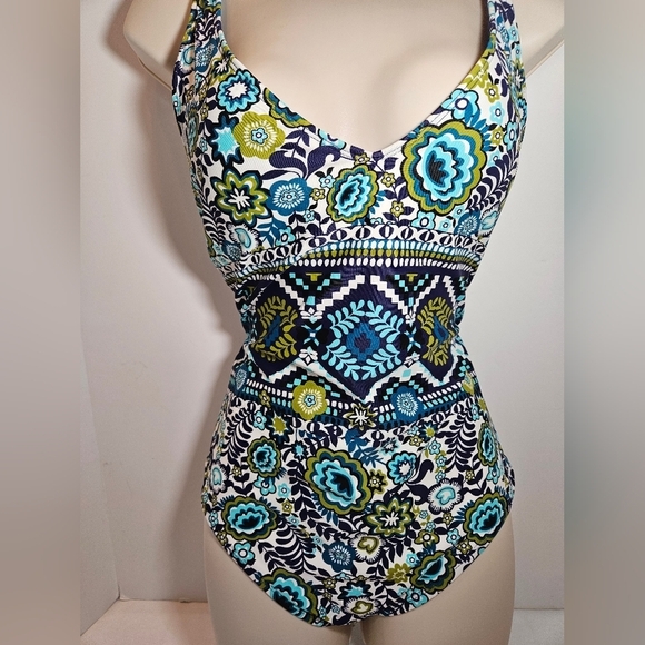 Mossimo 1-piece Swimsuit Blue & green Boho floral pattern Size L Strappy Back - Picture 5 of 17